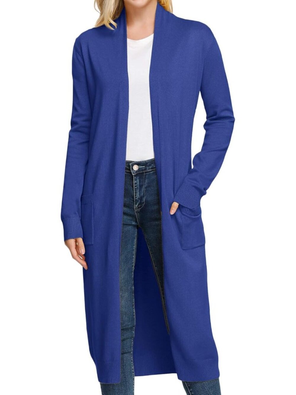 Women's Blue Lightweight Solid Open Front Maxi Long Knitted Cardigan Sweater